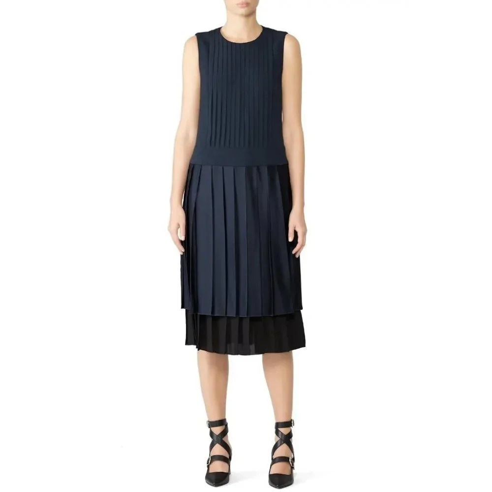 Victor Alfaro Navy Pleated Combo Midi Dress $2195 - Picture 12 of 15